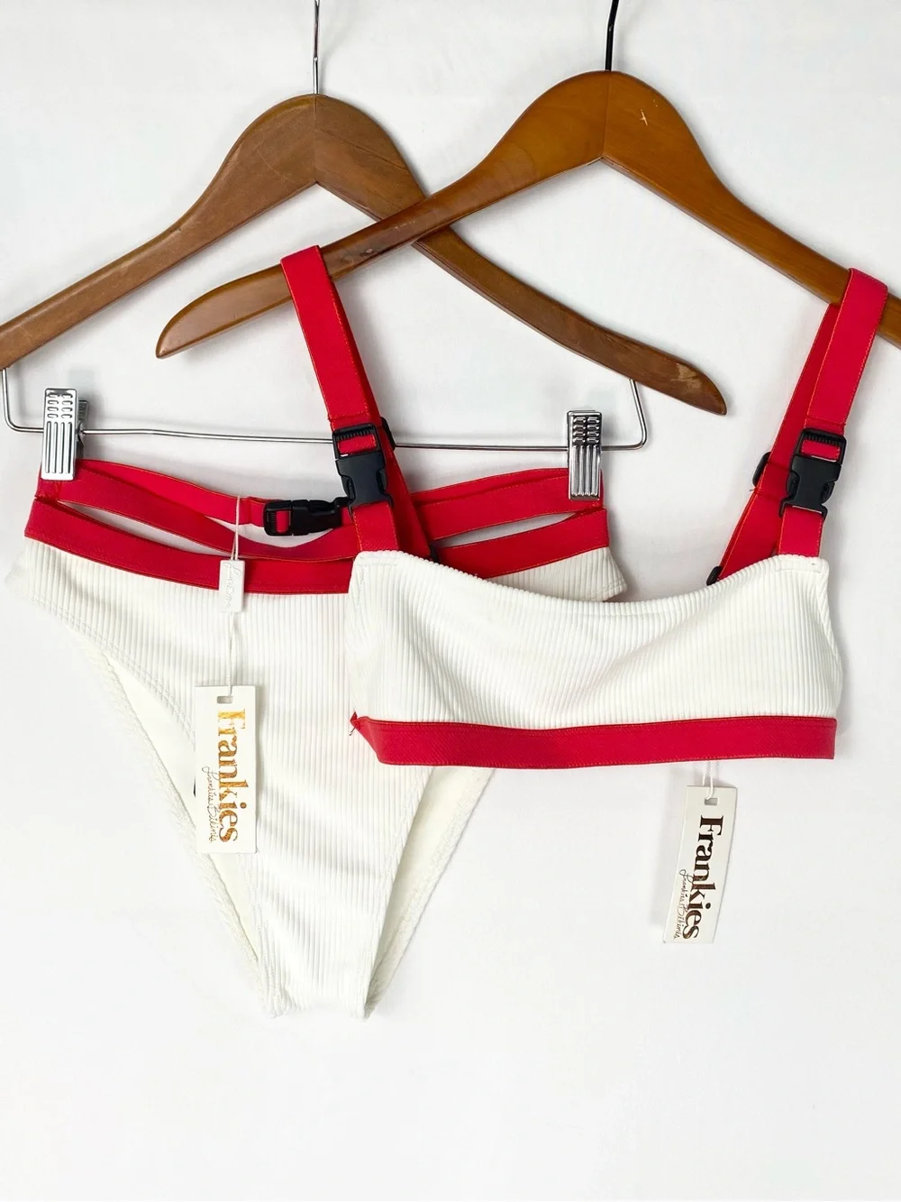NEW Frankies Bikini Kiki Ribbed Bikini Buckle Up Red White Summer Size Small